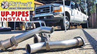 2001 F350 73  RiffRaff UpPipes Install  Stock up pipes leaking and falling apart JUNK SP [upl. by Lyon]