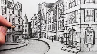 How to Draw Buildings in Perspective A Street in Edinburgh [upl. by Boice]